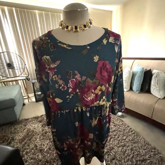 Sew in Love Women's Blue Floral Babydoll Whimsical Fairy 3/4 Sleeve Top XL Work - Picture 2 of 14